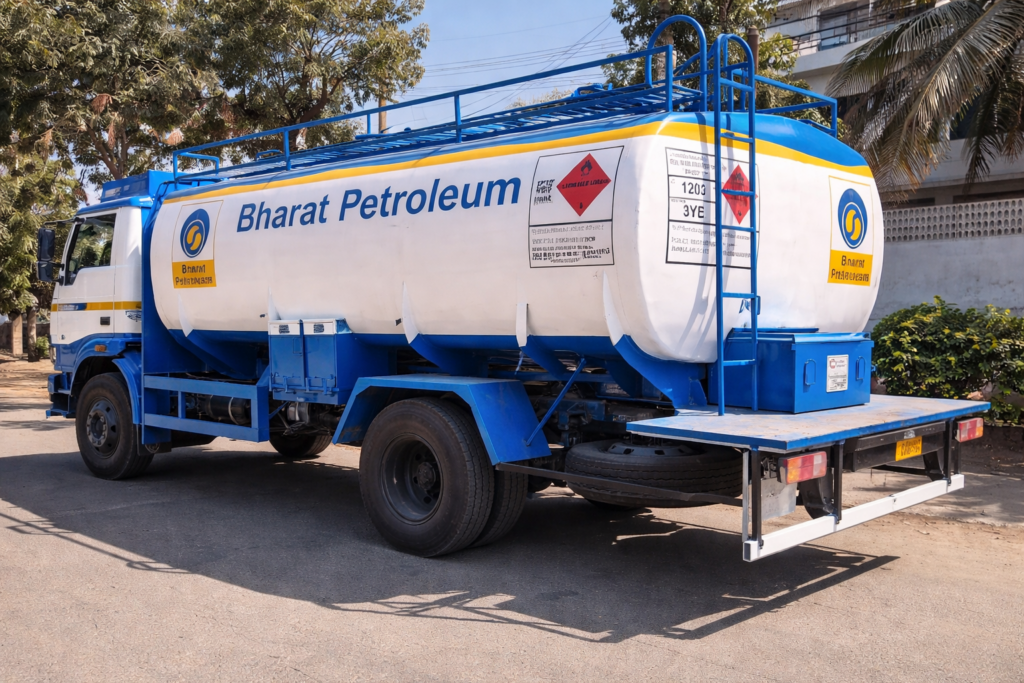 bharat petroleum tanker on sunny street