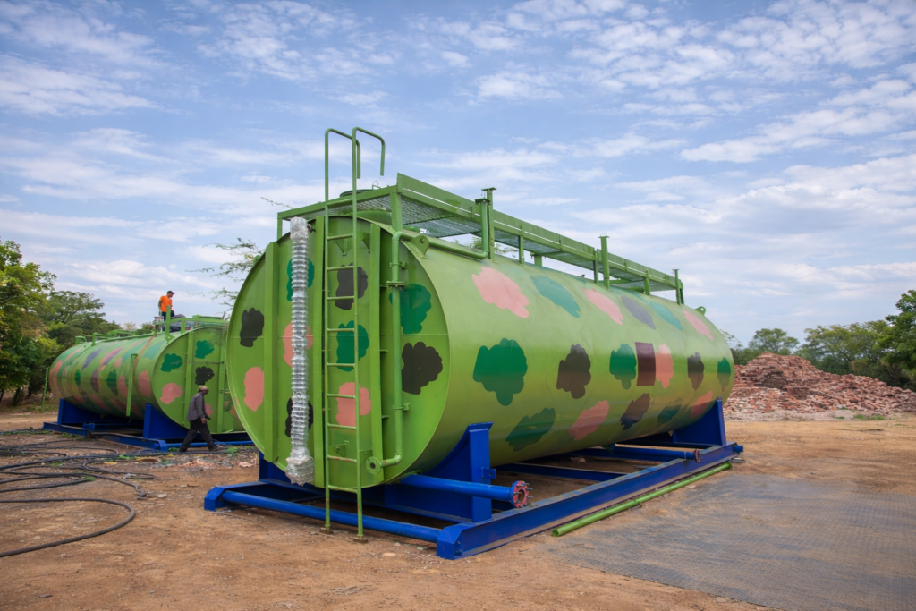 camo fuel tank in industrial yard